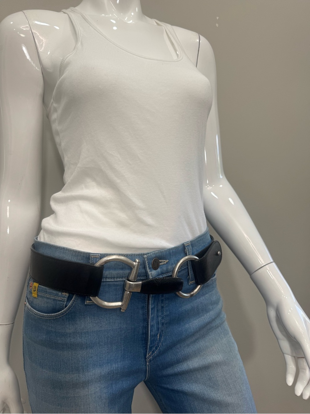 SUZI ROHER Black Leather Horsebit Equestrian Belt Silver Hardware Medium